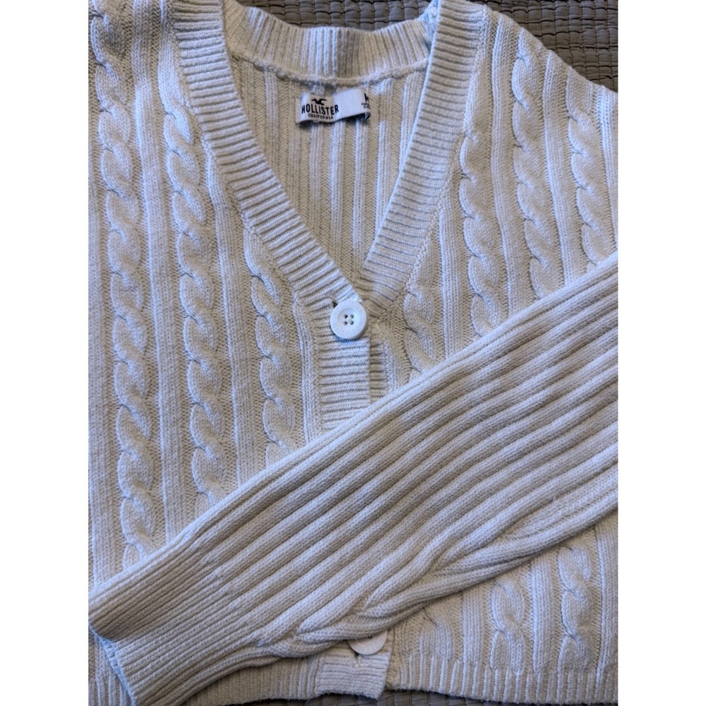 Hollister Women White Cable Knit V-Neck Button Front Cardigan Sweater Size M